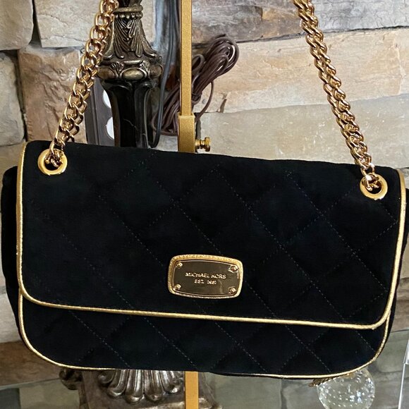 MICHAEL Michael Kors Black/Gold Trim Suede 2-Way Shoulder Bag - Picture 2 of 8